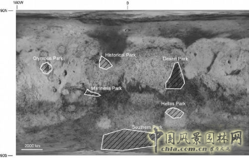 火星地圖顯示了六個可能的行星公園的位置