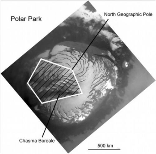 火星北極地區的地圖顯示了一個可能的極地公園