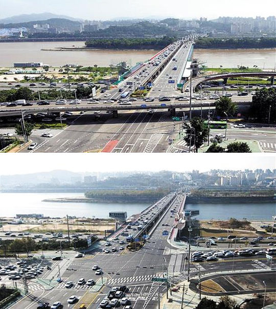 首爾漢江大橋北段高架橋拆除前(照片上)和拆除后(照片下)的樣子。